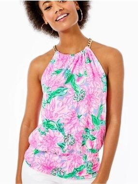 Lilly Pulitzer Bowen Pink Floral Halter with Gold Chain Straps